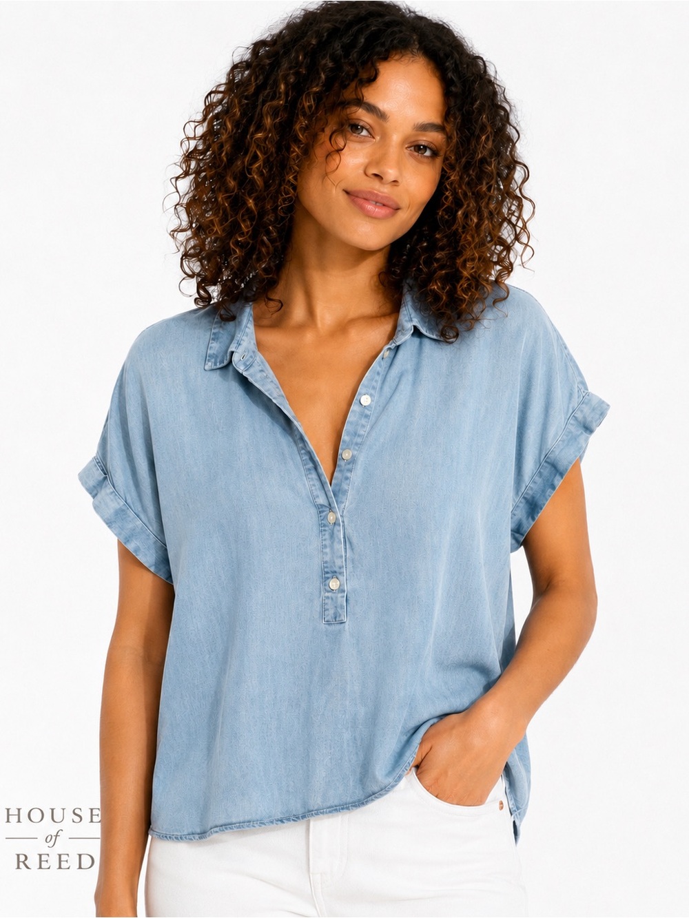 Lucky Brand 100% Tencel Chambray Popover Blouse M Denim Blue Roll Sleeve Top M